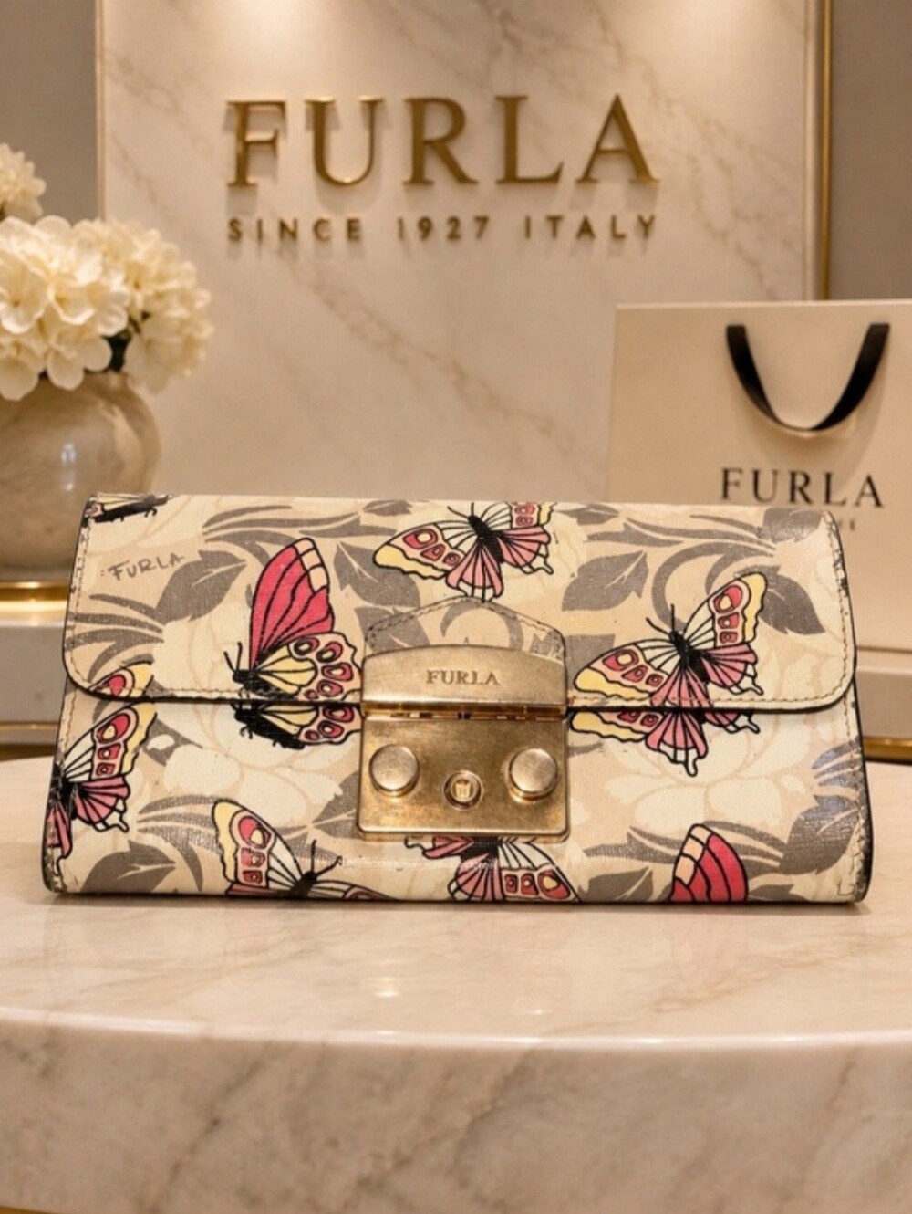 Furla Metropolis Cream Butterfly-Print Leather Clutch Wallet